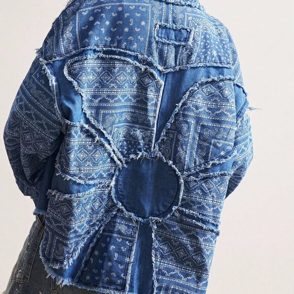 Blue Women's Boho Casual Denim Patchwork Long Sleeve  Jacket - Picture 1 of 9